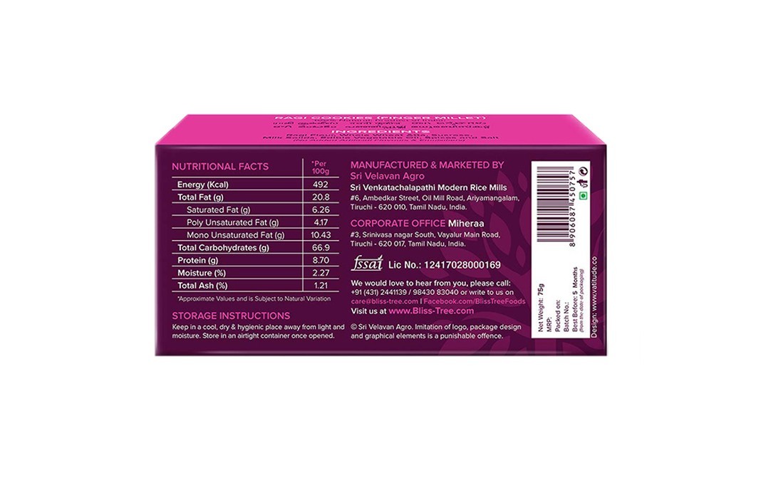 Bliss Tree Healthy Bites Ragi Cookies Finger Millet   Pack  75 grams